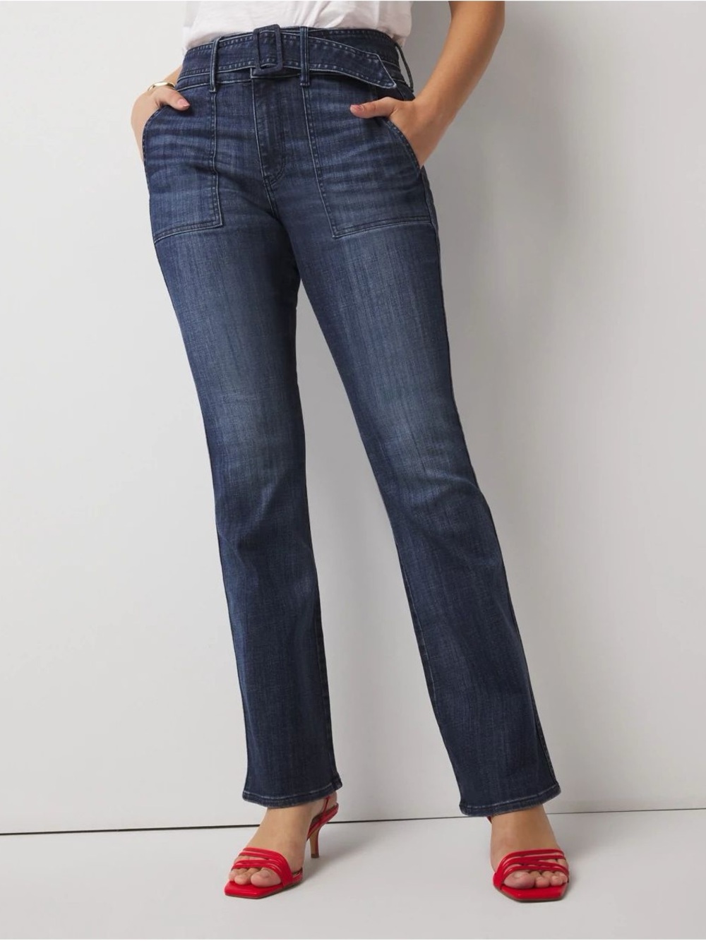 White House Black Market Dark Indigo High-Rise Flare Jeans with Belt